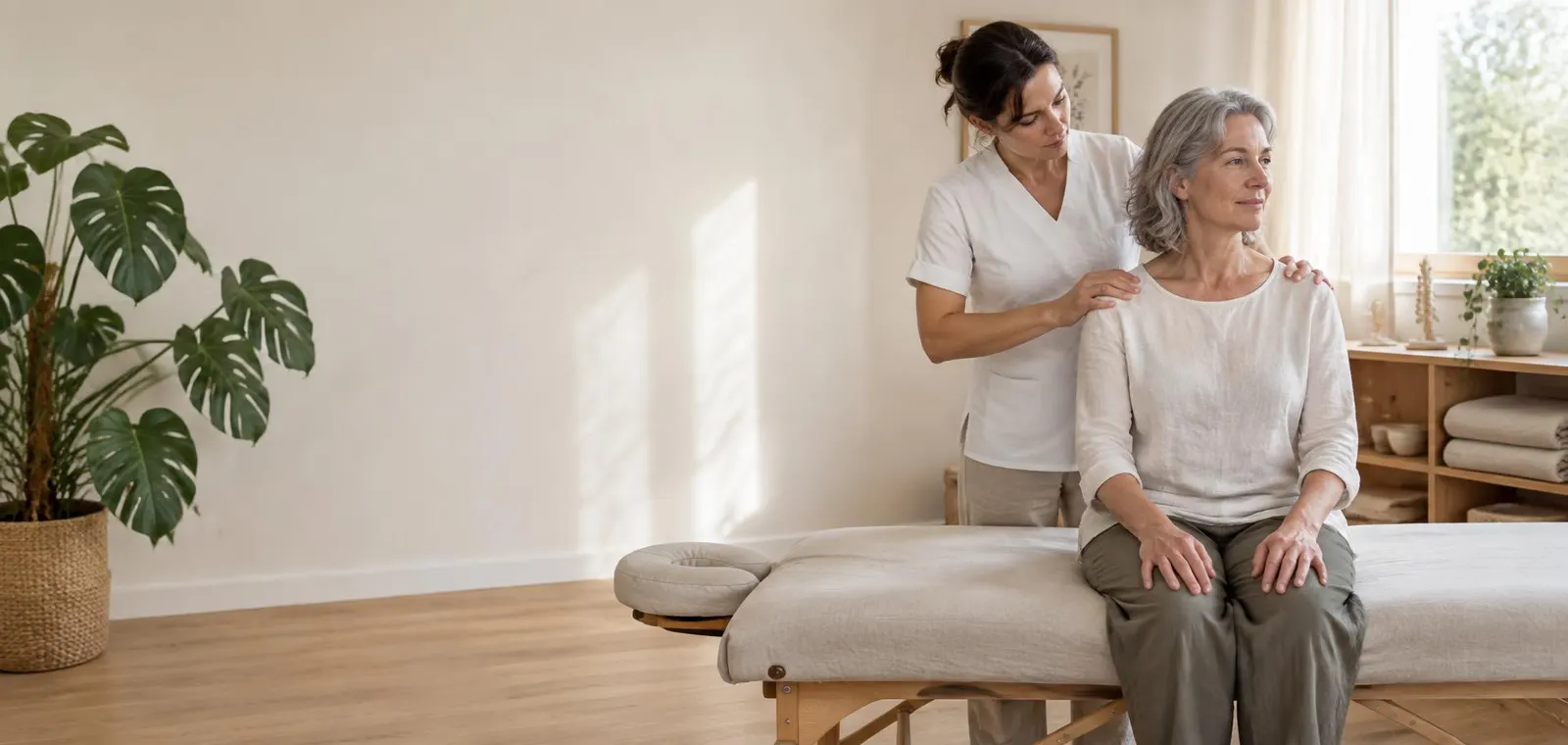 L'osteopata valuta le spalle di una donna di circa sessant'anni seduta sul lettino