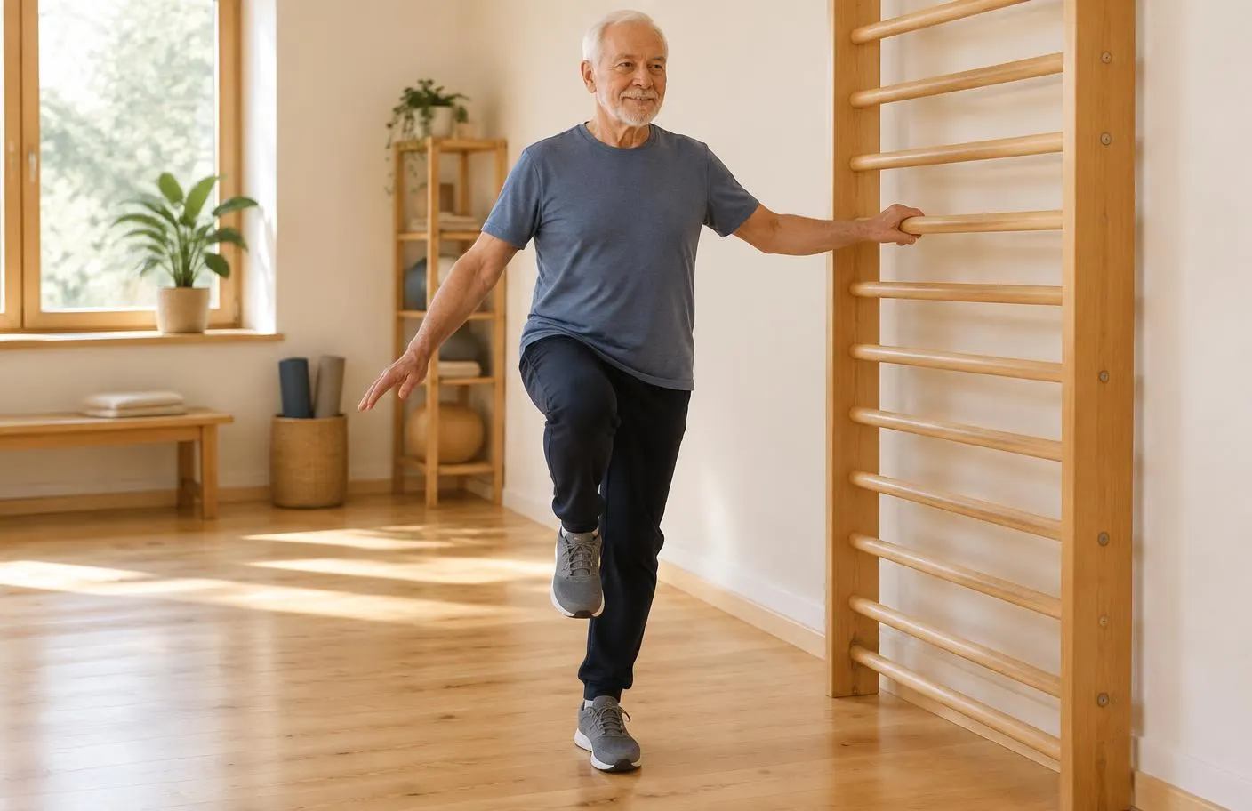 Un uomo anziano esegue un esercizio di equilibrio alla spalliera