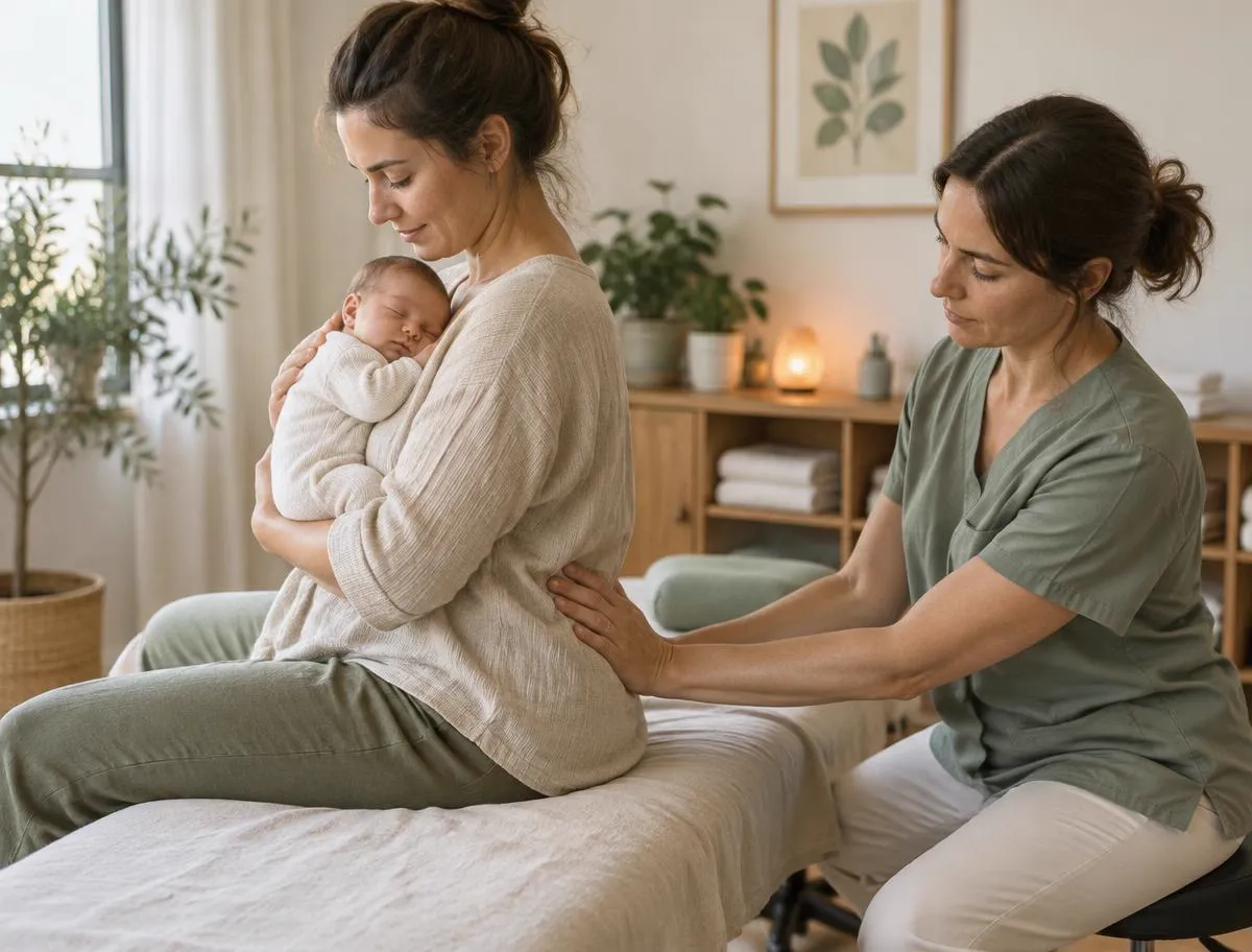 Una neomamma con il bimbo in braccio mentre l'osteopata le sostiene la schiena