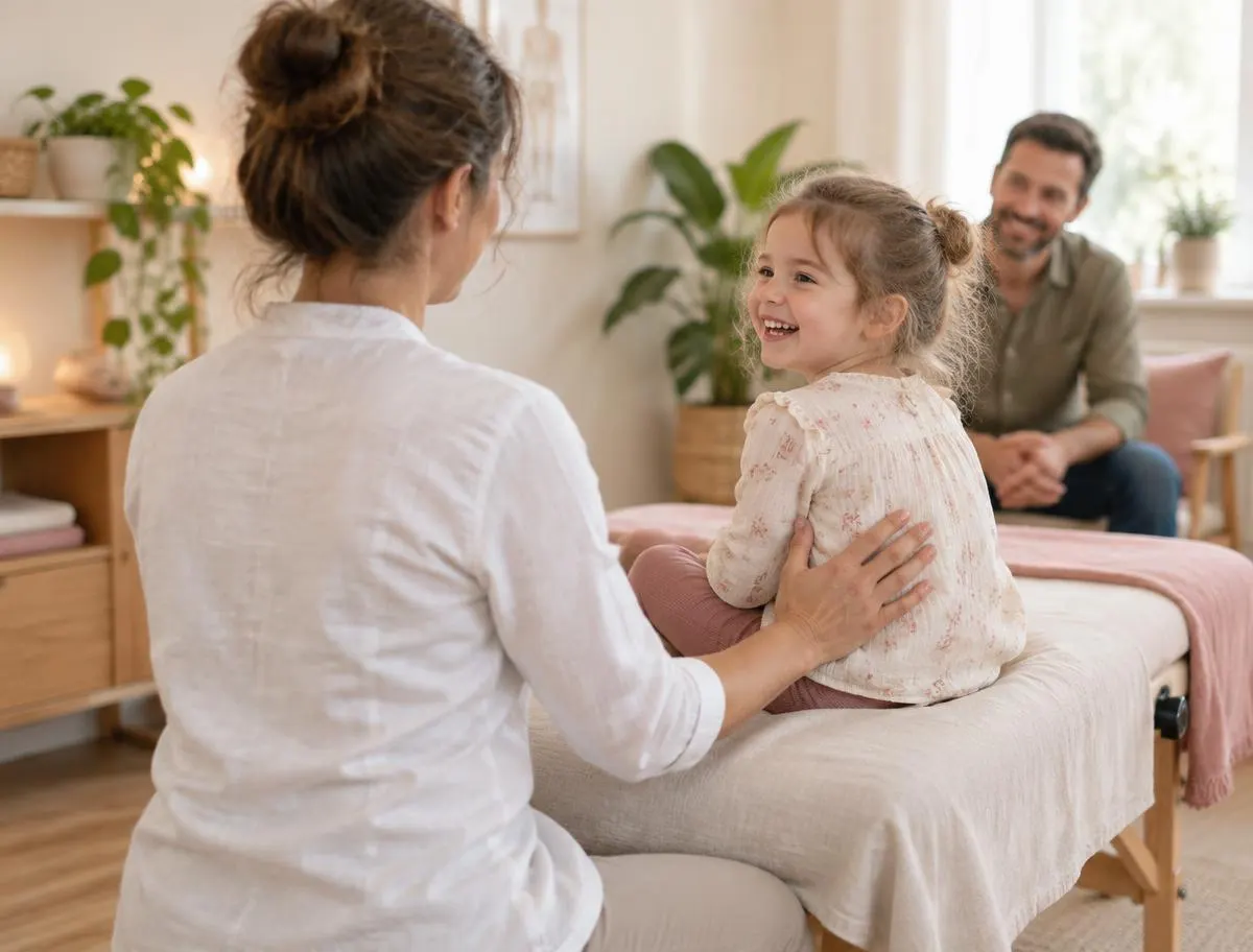 Bambina sorridente sul lettino dello studio, con l'osteopata e il papà