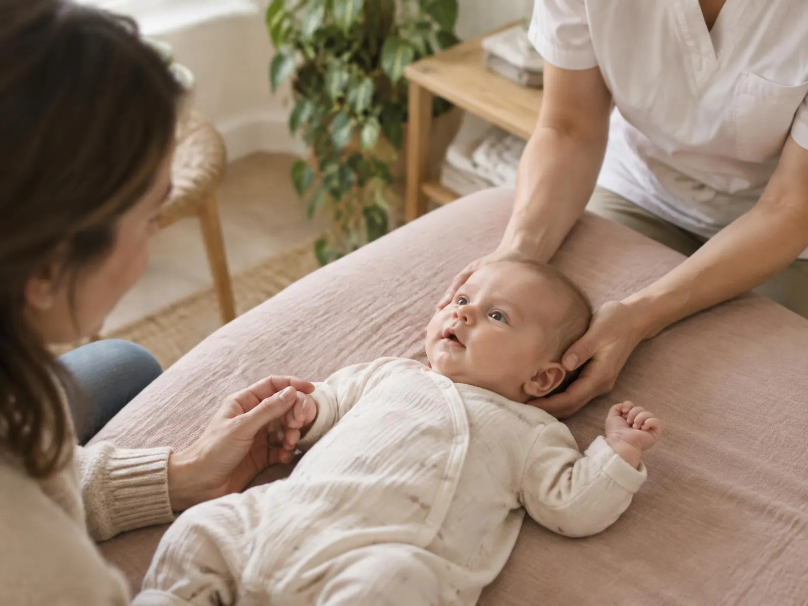 L'osteopata sostiene delicatamente la testa di un neonato, accanto alla mamma