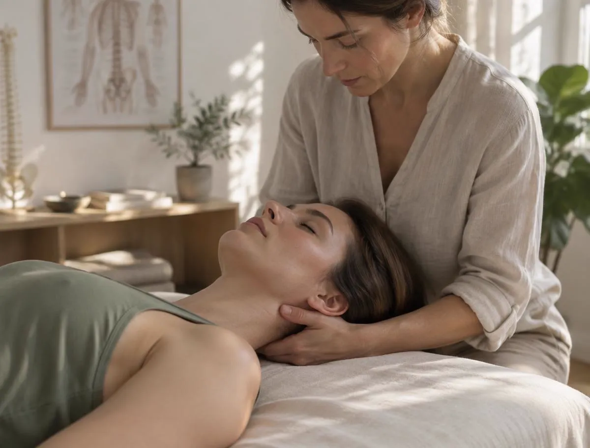 L'osteopata tratta delicatamente il collo di una donna distesa sul lettino
