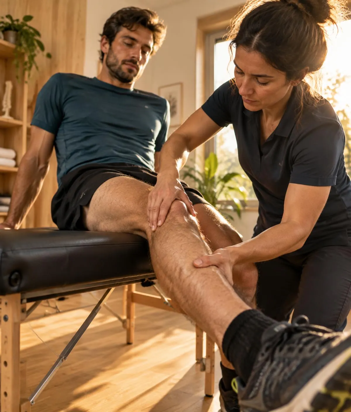 Un runner seduto sul lettino mentre l'osteopata lavora sul polpaccio