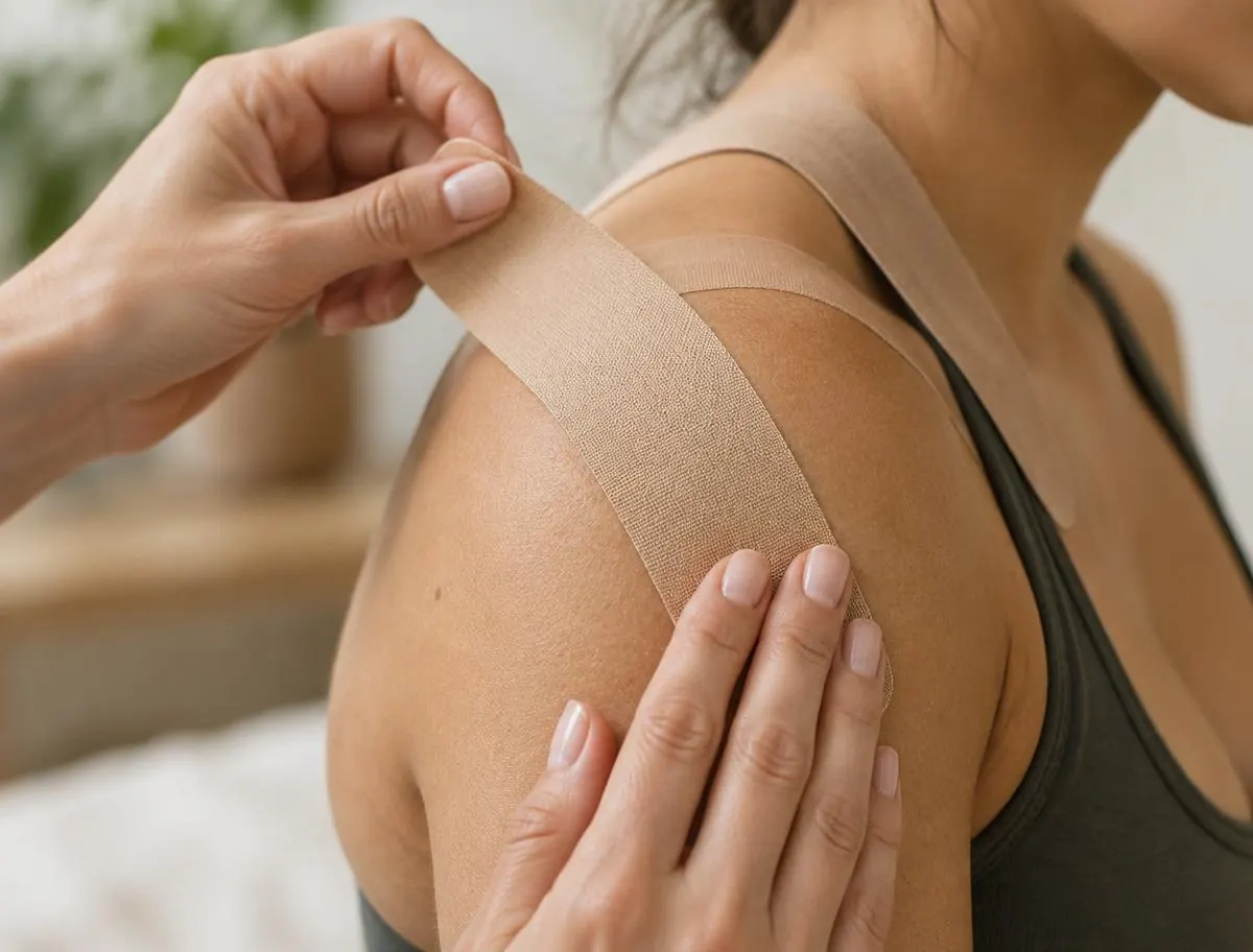 Applicazione di taping neuromuscolare color sabbia su una spalla
